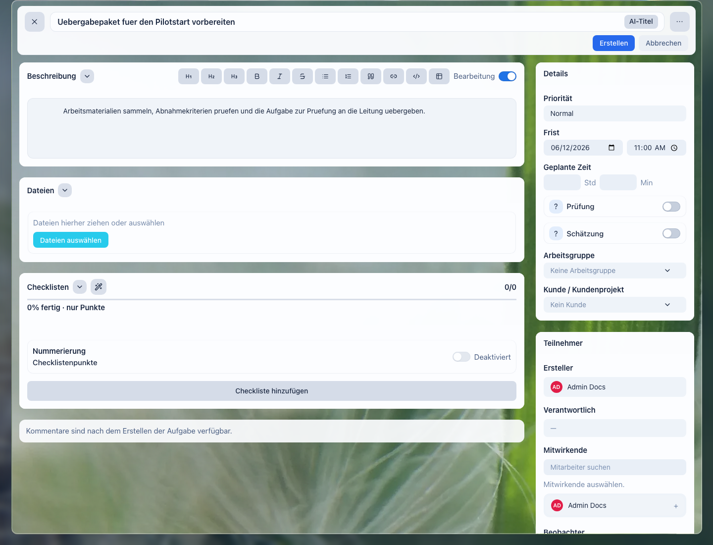 Aufgabe in LadVen OS mit Verantwortlichem, Frist und Details