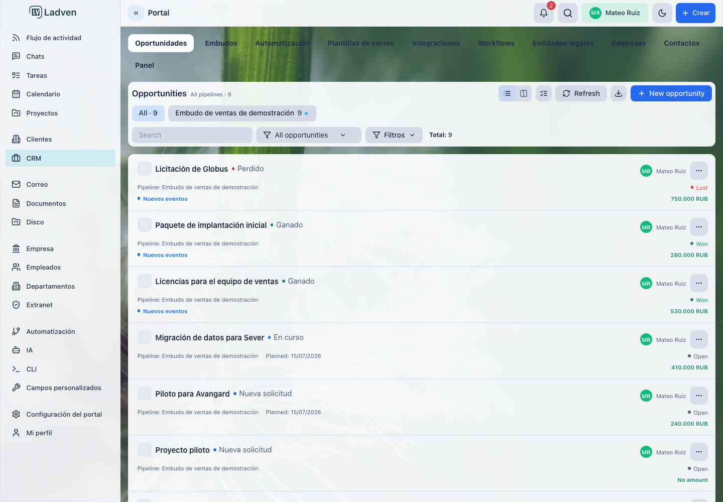 Tablero de oportunidades de CRM de LadVen OS