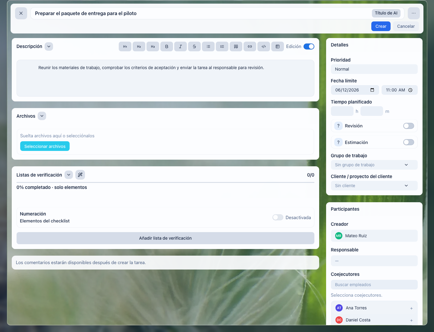 Detalles de nueva tarea en LadVen OS