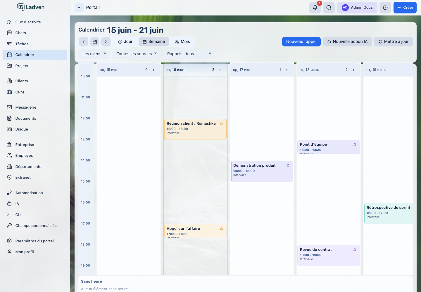 Calendrier hebdomadaire de LadVen OS avec tâches et rendez-vous