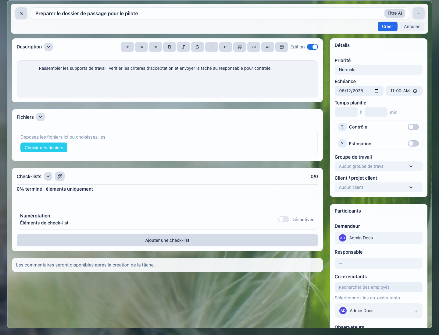 Fenêtre de création de tâche de LadVen OS avec responsable, échéance et détails
